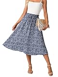 GRECERELLE Damen Rock Sommer Midi Langer Midirock A-Linie Flowy mit Taschen leicht und luftig (Blau Weiße Blume, L)