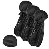 Molain Herren 3 Stück Seidenkappe und 1 Stück seidige Durag Kappen mit langem Schwanz elastische Durags weiche atmungsaktive seidige Strümpfe gewellte perfekt für 360/720 Wellen Einheitsgröße