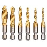 JTENG 6 teilig Kombi Gewindebohrer Bit Satz 1/4'' HSS M3-M10 Schraube Sechskantschaft Senker Werkzeuge Bohrer Bit Set Maschinengewindebohrer Drill Bits Satz Edelstahl HSS