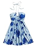 Floerns Damen-Minikleid mit Batikfärbung, A-Linie, fließendes Neckholder, ärmellos, gerüscht, ausgestellter Saum, Sonnenkleider, Blau, Klein