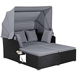 GIANTEX Sonneninsel Sonnenliege Set Rattan, Gartenliege 2 Personen mit faltbarem Sonnendach, Doppelliege Liegeinsel mit klappbaren Tablett & Kissen, Gartenlounge Gartenmuschel Daybed Outdoor (Grau)