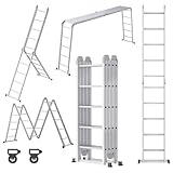 YRHome 6 in 1 Leiter Mehrzweckleiter Alu Gelenkleiter Klappleiter Steigleiter 550cm Multifunktionsleiter Aluleiter Kombileiter mit Plattformbis 150KG belastbar 4x5 Stufen Silber