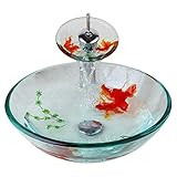 TEmkin Badezimmer-Kunst-Goldfisch-Glaswaschtisch-Waschtisch-Waschbecken-Wasserhahn mit Wasserfall-Wasserhahn-Set, Badezimmer-Waschtisch-Waschtisch, Aufsatzwaschbecken