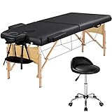 Yaheetech Massageliege Set 2 Zonen Massagebett mit Buchenholzbeinen klappbar Massagebank 70 cm Breit & Höheverstellbar Drehhocker Massagehocker