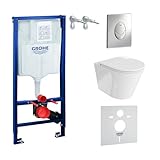 GROHE Wand WC ohne Spülrand + WC Sitz mit Absenkautomatik + Vorwandelement inkl. Drückerplatte Skate Air (Galve, Drückerplatte Chrom glänzend) WC