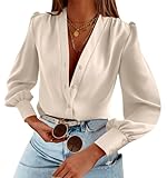Imily Bela Damen Satin Bluse V-Ausschnitt Button-down Blusen Langarm Elegant Shirts Elegant Chiffon Hemd, Beige, XL
