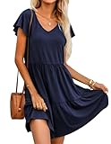 Hotouch Damen Sommerkleider V-Ausschnitt Kurzarm Kleider Loose Rüschen Freizeitkleider Einfarbig Strandkleider Minikleider Elegant A-Linie Shirtkleider Casual Kleid Navy blau M