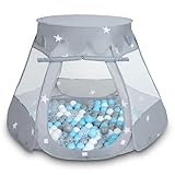 Selonis Baby Spielzelt Mit Plastikbällen Zelt 105X90cm/100 Bälle Plastikkugel Kinder, Grau:Grau-Weiß-Transparent-Babyblau