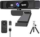 Spedal 4K Webcam – 8 MP Ultra HD mit 4× Digitalzoom & 120° Weitwinkel, Dual Noise-Cancelling-Mikrofone, Fernbedienung & Stativ, Plug & Play (USB-A/C) für Zoom, Skype, Teams & Streaming