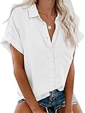 Friptspyg Musselin Bluse Damen Lässiges Kurzarm Hemdbluse Sommer 100% Baumwolle Solide Blusenshirt Elegant Oberteile mit Tasche, Weiß M