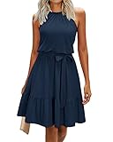 Newshows Sommerkleid Damen Knielang Elegant Kleid Neckholder Sommer Ärmellos Freizeitkleider mit Taschen(Marine, S)