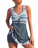 Minetom Damen Bauchweg Bademode Tankini Set Zweiteilig Push Up Badeanzug Strand Schwimmanzug Swimwear Bikini Badekleid mit Shorts E Grau M