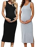 Brynmama 2er-Pack Tank Umstandskleid Casual Ärmellos Seitengeteilte Schwangerschaft Langes Kleid, Schwarz/Grau, XL