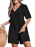 CUPSHE Damen-Jumpsuit, Baumwolle, V-Ausschnitt, kurze Ärmel, weites Bein, Vordertaschen, Strandoverall für Sommer, Schwarz , L