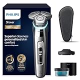 Philips Shaver S9000, elektrischer Nass- und Trockenrasierer, Lift & Cut-Rasiersystem und SkinIQ Technologie, ausklappbarem Trimmer, Reinigungsstation, Ladestation, Reiseetui, Chromsilber, S9975/54