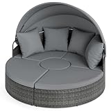 LIFEZEAL Sonneninsel, Rattan Sonnenliege mit faltbarem Sonnendach, Gartenmuschel wetterfest mit 4 Kissen, Relaxliege Gartenmöbel Set für Terrasse, Garten, Balkon, Meer, Pool (Grau)