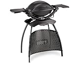Weber Q 1400 Elektrogrill mit Stand/Tragbarer Stadtgrill, Porzellanemaillierter Gusseisenrost, Schnellheizelement, 43 x 32 cm Grillfläche, Abnehmbare Auffangschale, 1,8 m Netzkabel, Schwarz