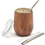 balibetov - Neu - Modernes Yerba Mate Gourd Set (Mate Tasse) - Doppelwandiger 18/8 Edelstahl Enthält zwei Bombillas und eine Reinigungsbürste (HOLZ, 355 ml)