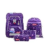 Step by Step Schulranzen-Set FIT „Pegasusu Emily“ 5-teilig, lila, Pegasus-Design, ergonomischer Tornister mit Reflektoren, höhenverstellbar mit Hüftgurt für Mädchen ab der 1. Klasse, 19L