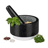 Relaxdays Granit Mörser mit Stößel, langlebig, Gewürze, Kräuter, rutschfest, Steinmörser, Ø 14 cm, 400 ml, grau/weiß