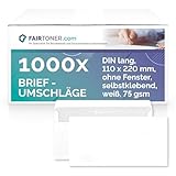 FairToner Briefumschläge DIN lang ohne Fenster 75gsm (1.000 Stück) selbstklebend, 22 x 11 cm weiß