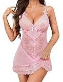 Tuopuda Negligee Damen Sexy Dessous Babydoll Nachtwäsche Kleid V-Ausschnitt Nachthemd Spitze Nachtkleid Unterwäsche Set Reizwäsche Morgenmantel Kurz Robe mit G-String, Rosa, XL