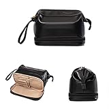 Reise-Make-up-Tasche, Organizer, große Kapazität, Kosmetiktasche, schwarzes PU-Leder, doppellagige Make-up-Tasche, wasserdicht, tragbare Kulturtasche für Frauen, mit Griff für einfaches Tragen,