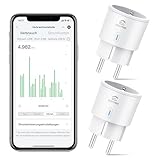 WLAN Smart Steckdose mit Strommessung, Mini Plug 2er Pack, Smart Home WiFi Steckdose, Alexa Zubehör, Zeitplan, Fernzugriff, Funktioniert mit Alexa, Google Home, SmartThings, Nur 2,4-G-WLAN, 16A