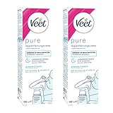 Veet PURE Haarentfernungscreme – Anwendung für Bikini & Achseln - Für sensible Haut geeignet- 2er Pack (2 x 100 ml Tube) mit gewölbtem Applikator und Spatel