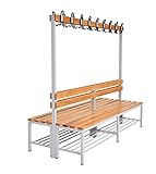 furni24 Umkleidebank Sitzbank Garderobenbank Sportraum Bank mit Echtholz für Fitnessstudio (2-seitig) doppelseitig mit Garderobenhaken und Schuhrost 200 cm x 170 cm x 85 cm