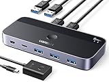 UGREEN USB Switch 2PC mit 1xUSB C Port und 3xUSB A Ports, 2 In 4 Out USB 3.0 Switcher Alugehäuse mit Desktop-Kontroller, 2 USB A auf A Kabeln für Tastatur, Maus, Drucker, Scanner, USB Stick usw.