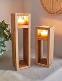 2X Windlicht-Säule Wood aus Holz & Glas, 30 + 40 cm hoch, Kerzenhalter aus recyceltem Holz, Kerzenständer, Deko-Säule für Wohnzimmer, Holzsäule mit Kerzenglas