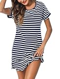 Litherday Nachthemd Damen Kurz Nachtwäsche Streifen Nachtkleid aus 95% Baumwolle Loungewear Negligee Kurze Ärmel Sleepshirt mit 2 Tasche, Dunkelblau+weiß, L