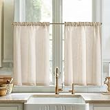 Vangao Einfarbig Scheibengardinen Modern Küche Gardinen Kurz Natur Vorhänge Leinenoptik Bistrogardine 2er Set 65Bx60Hcm Halbtransparent Küchengardinen mit Stangendurchzug Landhaus Wohnwagen Wohnzimmer