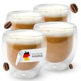 Cappuccino Tassen 250ml (4er Set) - Doppelwandige Gläser - Spülmaschinen geeignetes Teetassen, Kaffeetassen-set für jeden Kaffeevollautomaten