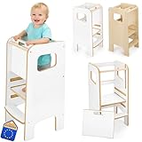 Montessori Lernturm für Kinder mit Riegel – weißer Küchenhelfer Tritthocker für Kleinkinder, sicher & geschlossen, mit Sicherheitsriegel, höhenverstellbar, Elternliebling, modern & stabil