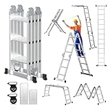 Cecaylie 4x3 Mehrzweckleiter 360cm 7 in 1 Alu Leiter mit 2 plattform und 2 Transport Rollen bis 150 kg，Vielzweckleiter Klappleiter Kombileiter Anlegeleiter Steigleiter Multifunktionsleiter
