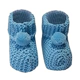 MAMALUV: Unisex Baby Sockenschuhe, 100% Natural Baumwolle, Handgemacht, Neugeborenen Wollsocken Schuhe mit Pompom, Blau, EU 14
