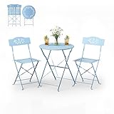 Bonnlo Bistroset 3-teilig aus Stahl – Bistrotisch mit 2 Klappstühlen, Gartenmöbel Set, Durchbrochenes Olivenblatt-Design, Wetterbeständig, für Balkon, Terrasse, Garten & Wohnraum, Hellblau