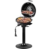 CUSIMAX Elektrogrill Standgrill 1600W Grill Elektrisch mit Standfuß, Abnehmbarem Deckel, Regulierbaren Thermometer und Fettauffangschale, Ø 37cm, für Innen- & Außennutzung, Balkon, Garten & Küche