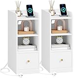Hzuaneri Nachttisch 2er Set, mit Ladestation, USB & Typ C Anschluss, Schmaler Beistelltisch, 3 Etagen Stauraum mit 1 Schublade, Platzsparend, für Schlafzimmer, Wohnzimmer, Weiß NS36503X