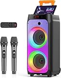 JYX Karaoke Anlage mit 2 drahtlosen Mikrofonen, Großer Lautsprecher Bluetooth mit Rädern und Disco Lichtern, Subwoofer PA System, Party Karaoke Maschine Unterstützung TWS/USB/SD Karte/AUX/Rec