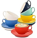 6er Cappuccino Tassen Set mit Untertassen - Keramik Bunt - Geschenkbox - Hält Lange warm - 180ml