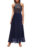 Bbonlinedress Festliches Glitzer Kleid Damen Neckholder Chiffon Cocktail Maxi Brautkleid Sequin jugendweihes Partykleid Pailletten Abendkleider elegant für Hochzeit Navy M