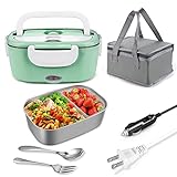 Elektrische Lunchbox, 2 in 1 Speisewärmer für Auto, Büro, Schule, Zuhause, abnehmbarer Lebensmittelqualität Edelstahl Fächer, 110 V und 12 V/24 V, Mintgrün