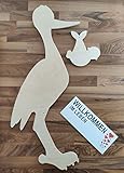 SweetPrints SET - 95 cm Babystorch aus HOLZ zum selber Bemalen & Baby & Beschriftungstafel für draußen Geburt Storch-Holz Klapperstorch Holzstorch Neutral