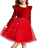 Arshiner Samtkleid Mädchen Tüllkleid Kleinkind Festkleider Rundhals Freizeitkleid Rüschen Langarmkleid Rot Weihnachtskleid Ballkleid Kinder Partykleid Glitzer 3-4 Jahre