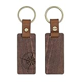 kwmobile Schlüsselanhänger aus Holz und Leder - Walnussholz Anhänger für Schlüssel mit Schlüsselring - Dunkelbraun - Kompass Vintage