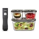 CASO Vacu OneTouch Eco-Set, Handvakuumierer inkl. 3 Vakuumbehälter aus Glas, 10 ZIP-Beutel und Food Manager Sticker, kabellos, bis zu 150 Minuten Laufzeit, aufladbar, Schwarz