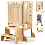 SOFTHOM Lernturm ab 1 Jahr, Klappbarer Lernturm für Kinder, Montessori 5 in 1 Learning Tower aus Holz mit 360° Sicherheitsnetz, Reißbrett, Robust und Stabil, Kippschutz, Höhenverstellbar, Vormontiert